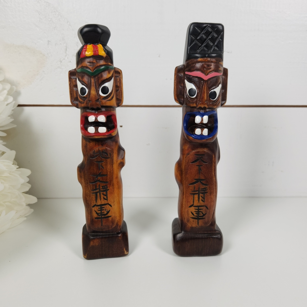 Vintage Pair of Korean Totem Pole Village Guardians | Hand Carved Wood Tiki